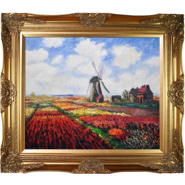 Claude Monet 'Tulip Field with the Rijnsburg Windmill ' Hand Painted Framed Canvas Art