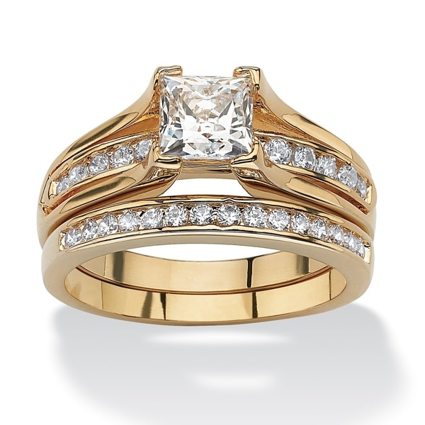 Yellow Gold-plated Cubic Zirconia Channel Bridal Ring Set - White