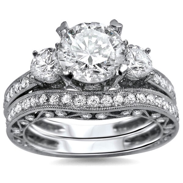 Noori 18k White Gold 2 1/4 ct TDW Round Diamond 3-stone Engagement Ring Bridal Set
