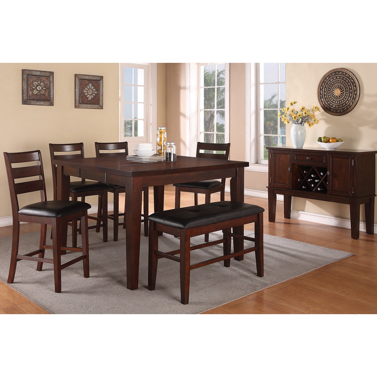 Lida 7 piece Antique Walnut Finished Counter Height Dining Room Set