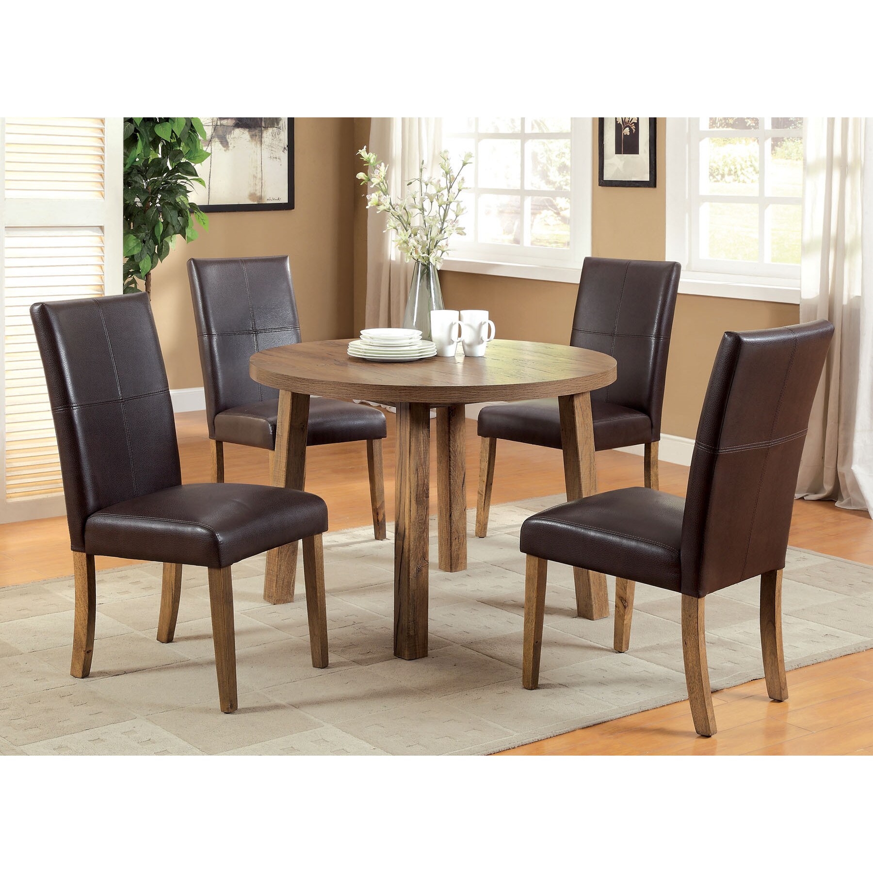 Elva 5 piece Round Dining Set With Dark Brown Leatherette Chair