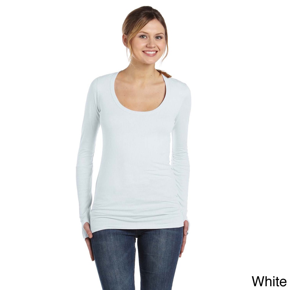 Alternative Womens Ribbed Long Sleeve Scoop Neck T shirt White Size L (12  14)