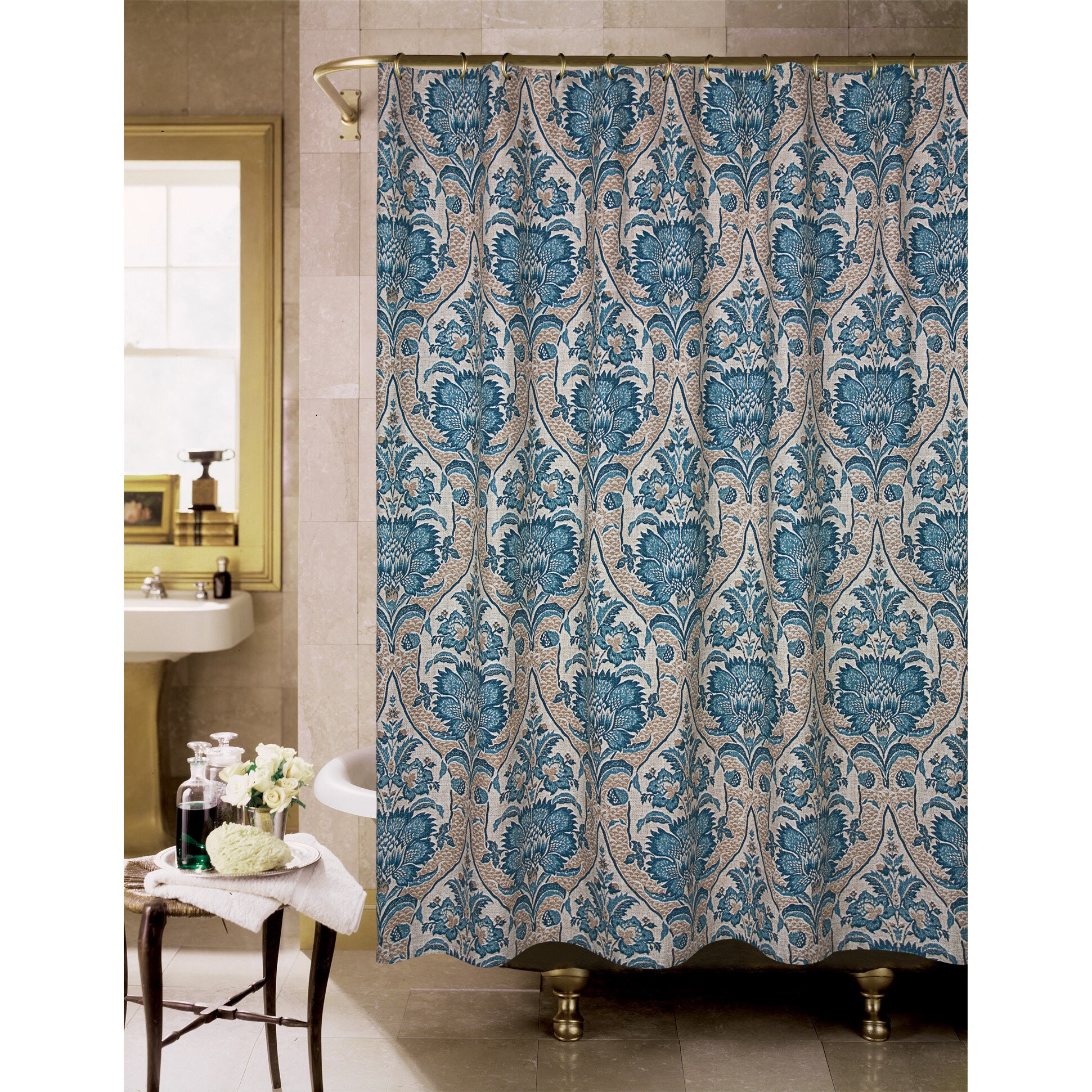 blue and tan shower curtain