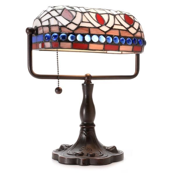 slide 2 of 17, 12-inch Stained Glass Desk Lamp with Blue Gemstones