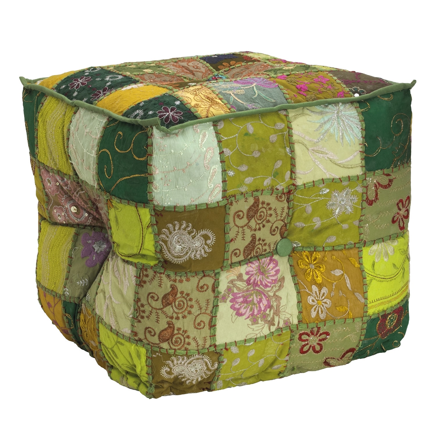 Elements Green Patchwork Velvet Square Pouf