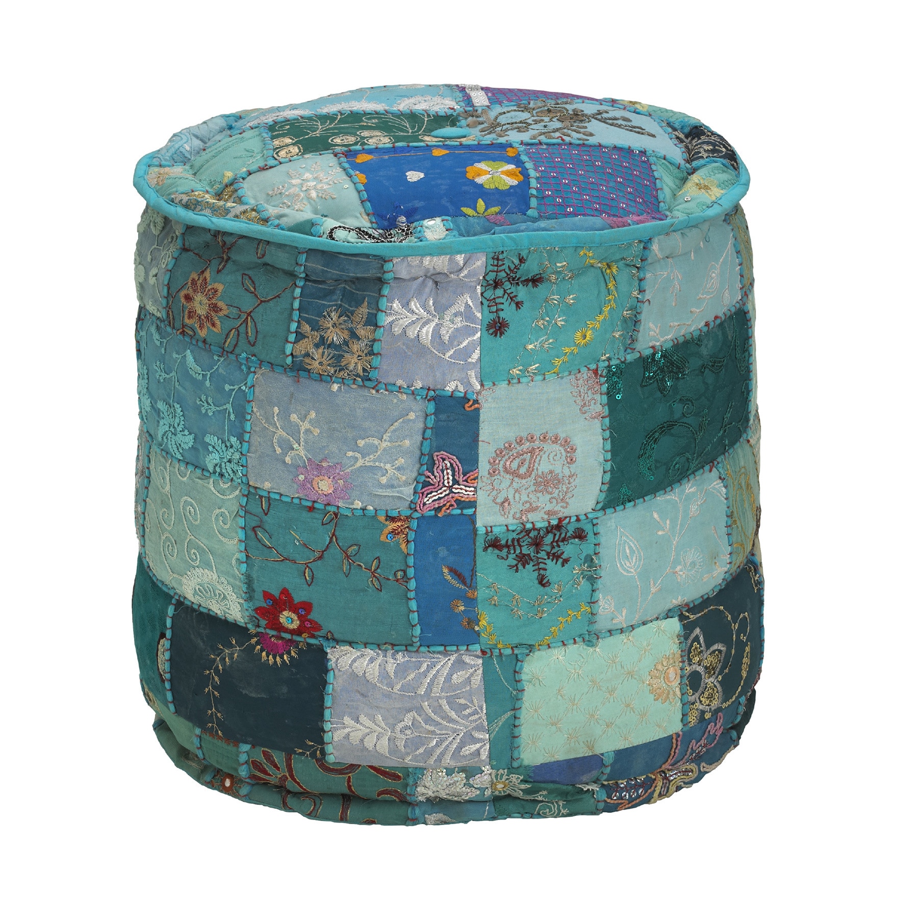 Elements Elements Blue Patchwork Velvet Round Pouf Blue Size Medium