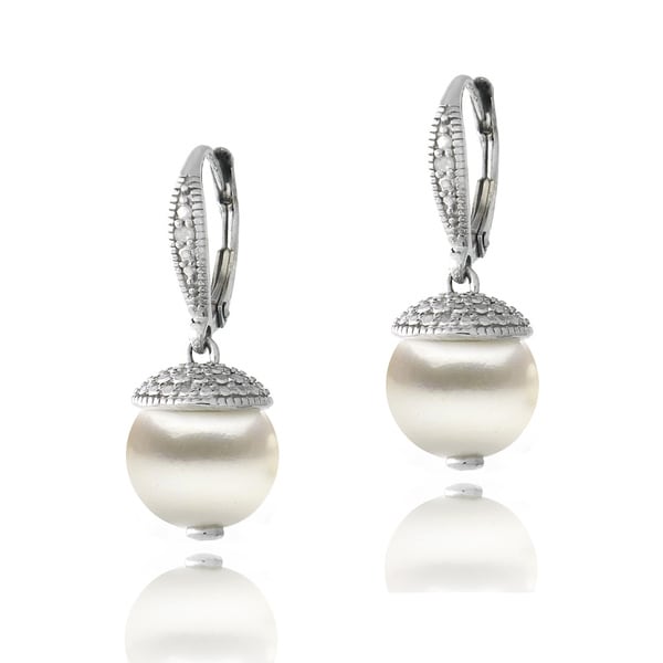 Glitzy Rocks Sterling Silver Diamond Accent Freshwater Cultured Pearl Drop Leverback Earrings. Opens flyout.