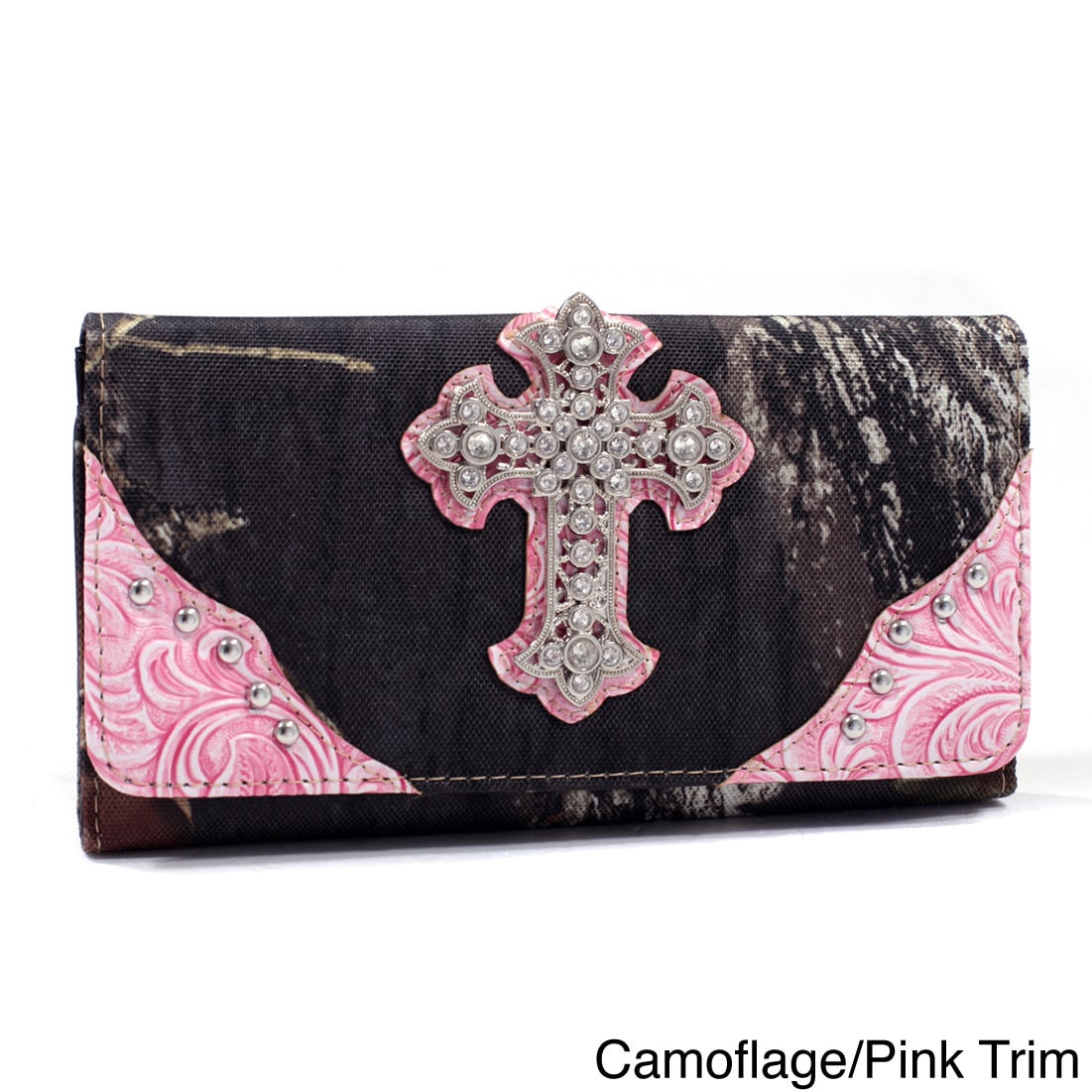 Mossy Oak Rhinestone Cross Camouflage Tri fold Wallet