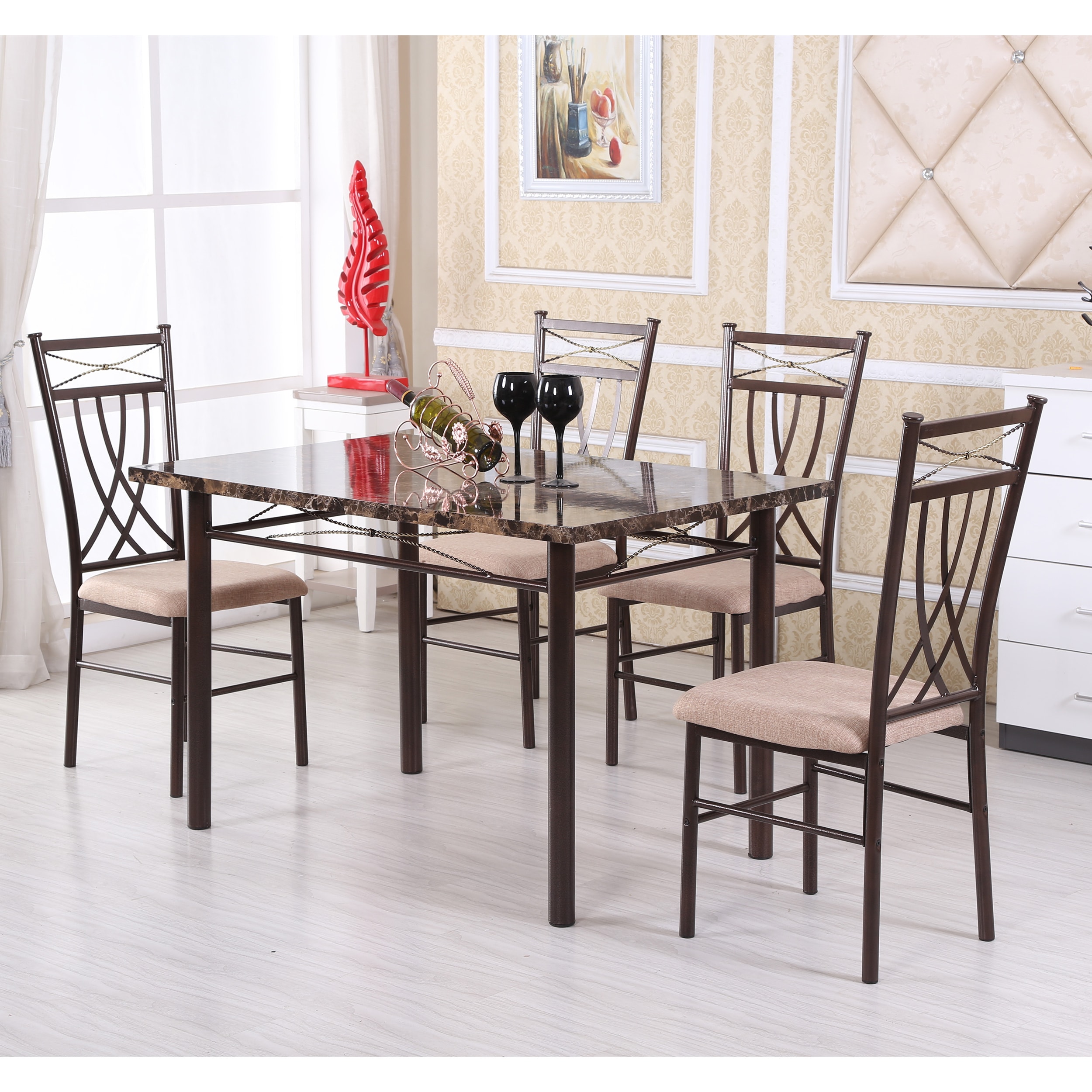 Hodedah Import Marble look Bronze 5 piece Dining Set Brown Size 4 Piece Sets