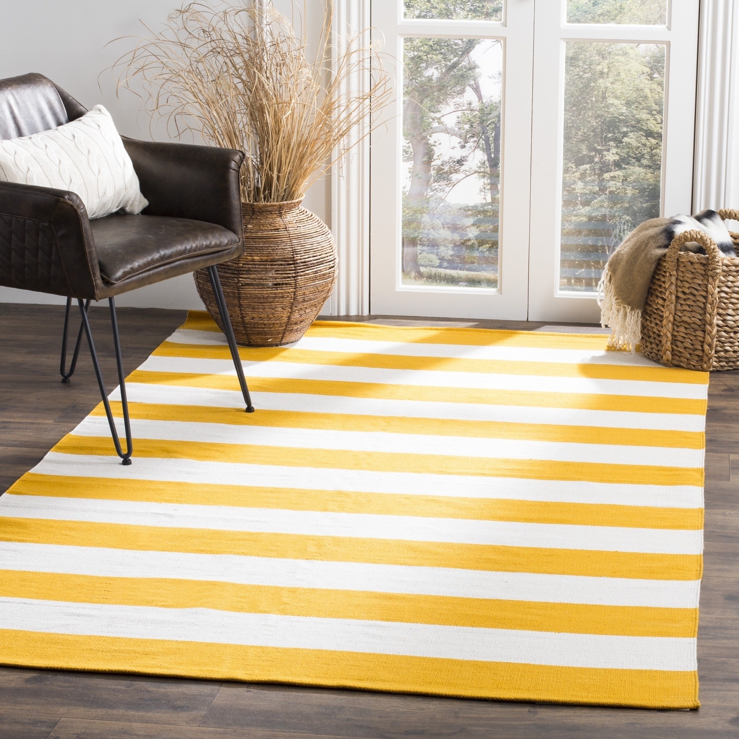 Safavieh Hand woven Montauk Yellow/ White Cotton Rug (5 X 8)