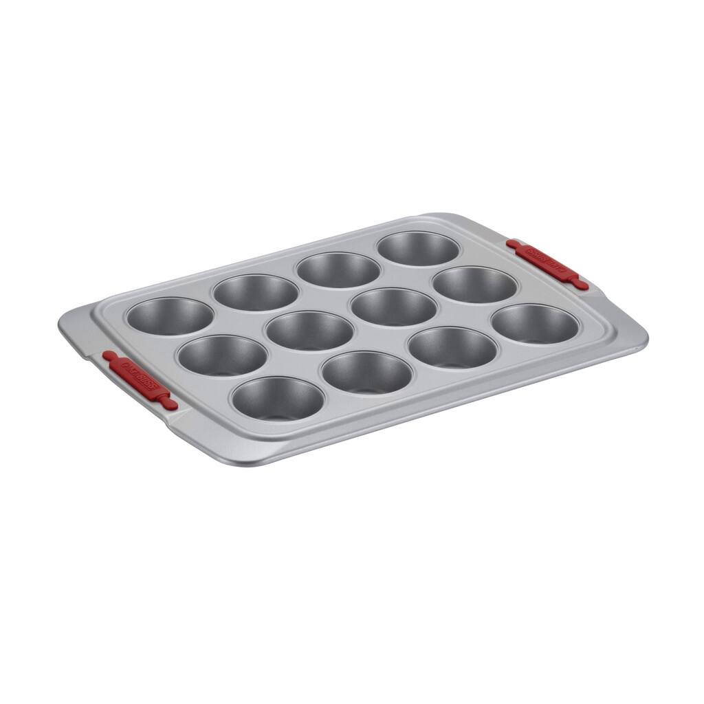 Cake Boss Deluxe Nonstick Bakeware 12-cup Grey with Red Silicone Grips Muffin Pan