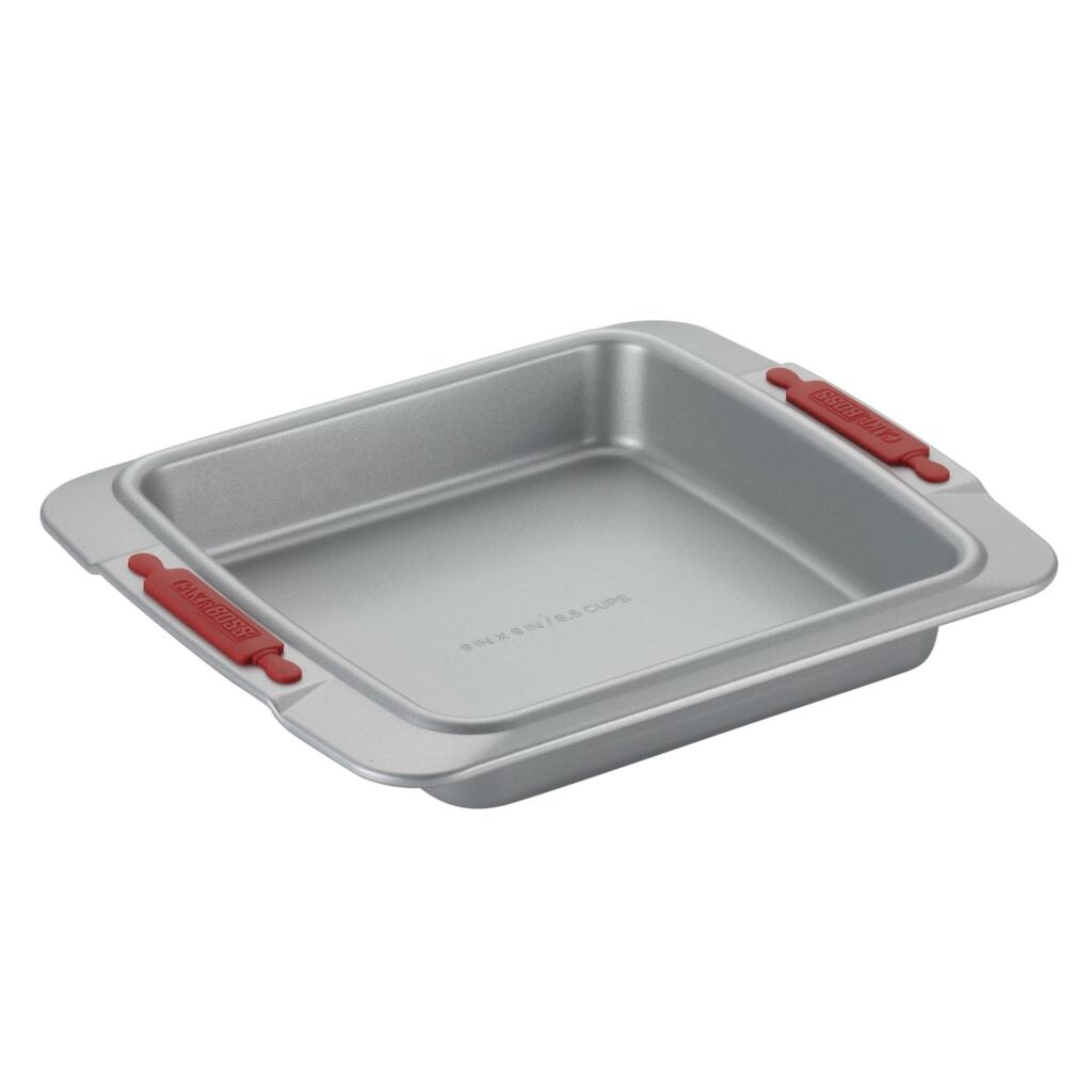 Cake Boss Deluxe Nonstick Bakeware 9-inch Grey with Red Silicone Grips Square Cake Pan
