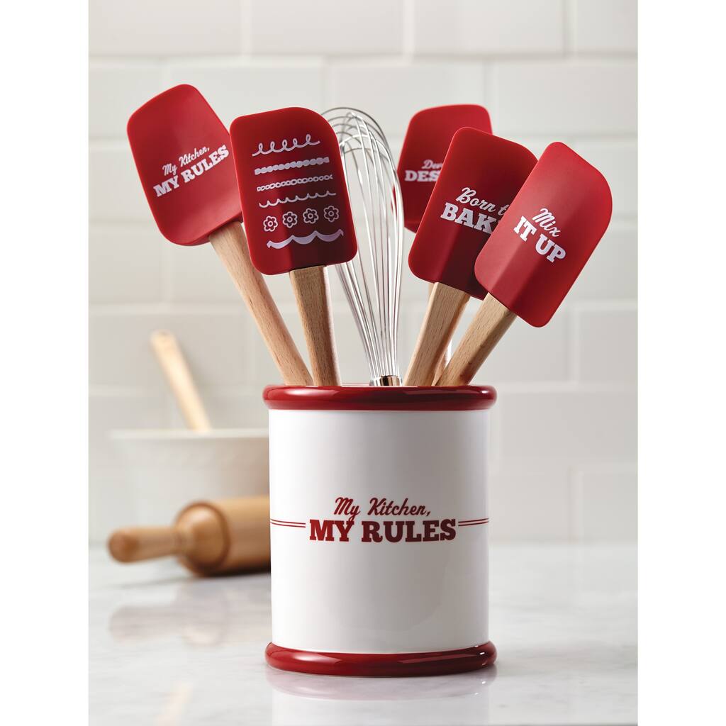 Cake Boss 'My Kitchen, My Rules' Cream/ Red Countertop Accessories Ceramic Tool Crock