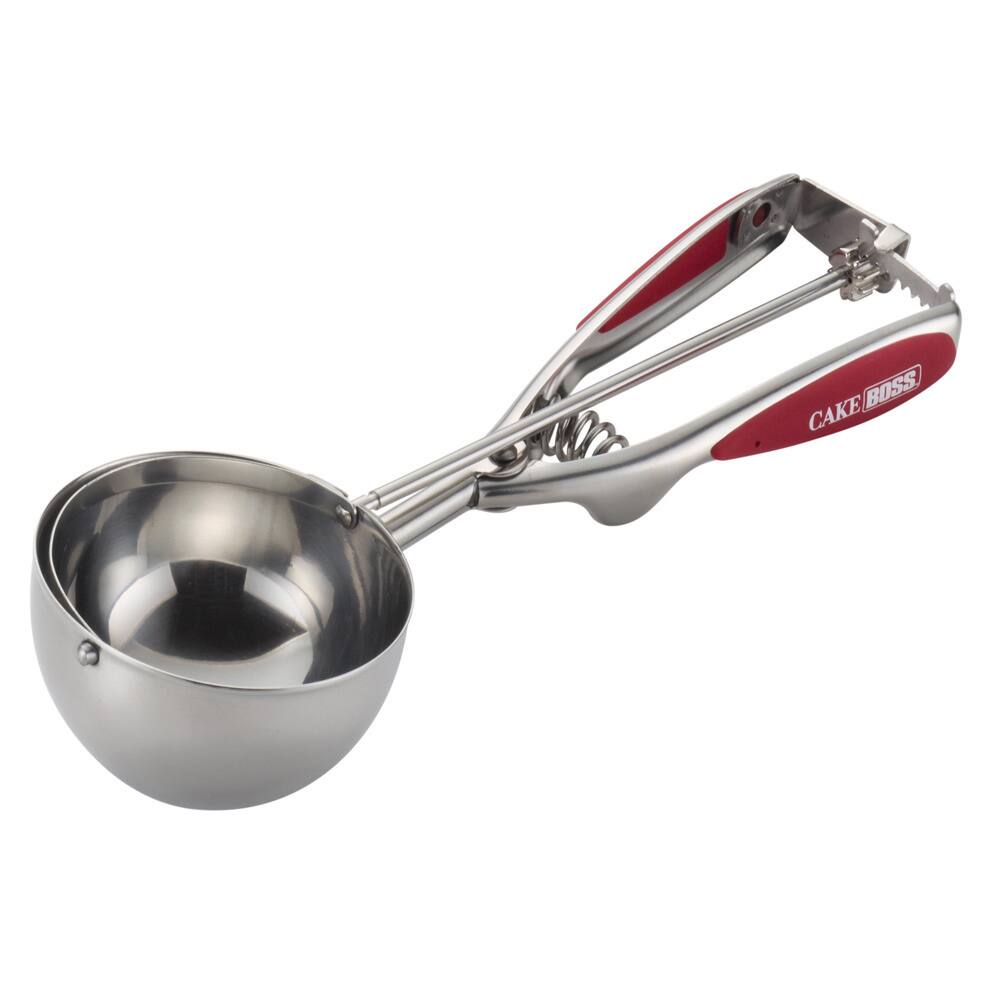 Cake Boss Stainless Steel Tools and Gadgets Mechanical Ice Cream Scoop with Red Silicone Grips
