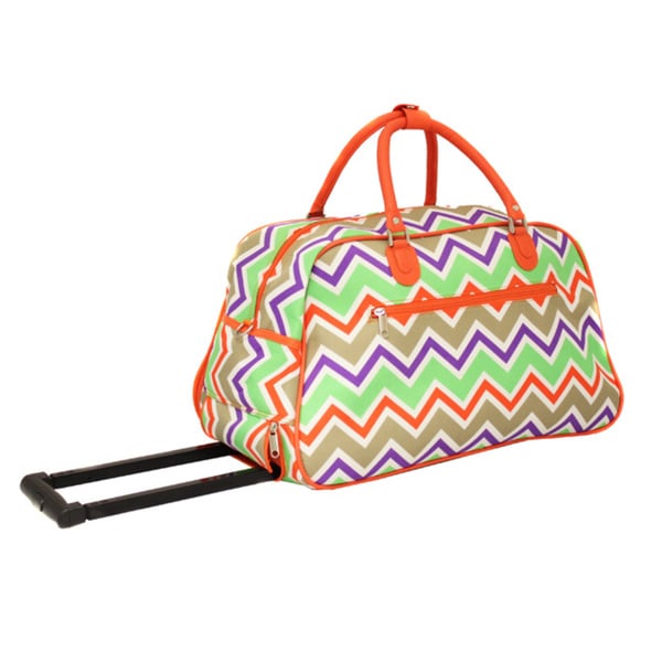 Pink Trim Lightweight Wheeled Duffle Bag Polyester Chevron Pattern