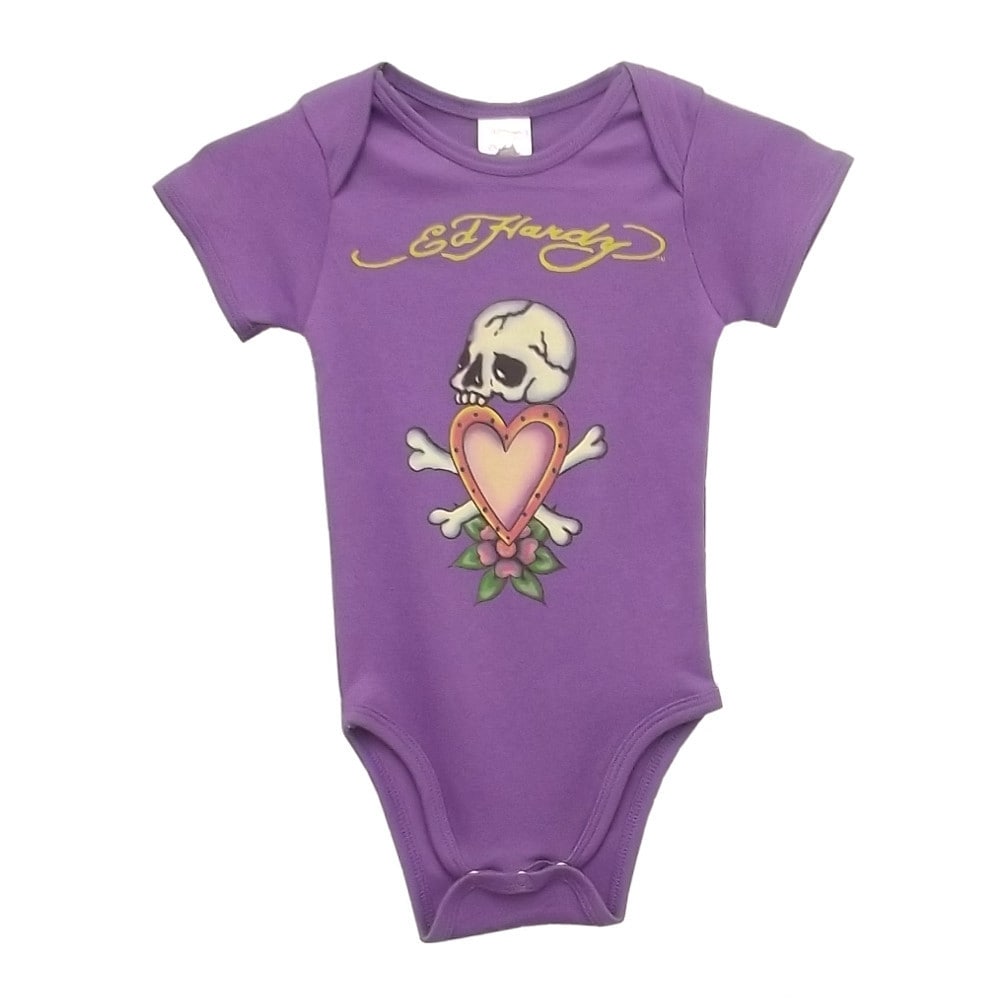 Ed Hardy Girls Skull Heart Short Sleeve Bodysuit In Purple