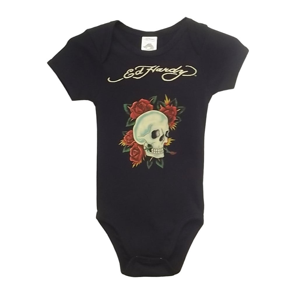 Ed Hardy Girls Short Sleeve Skull Rose Bodysuit In Black