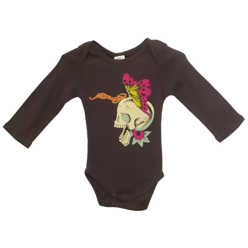 Ed Hardy Girls Long Sleeve Skull Butterfly Bodysuit In Brown