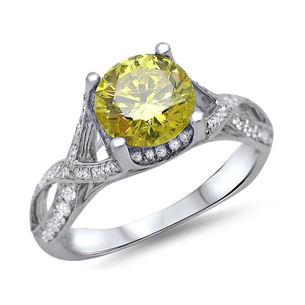 18k White Gold 1 1/2ct TDW Round Canary Yellow Diamond Engagement Ring