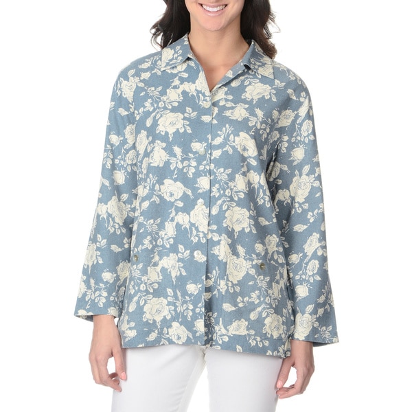 La Cera Women's Long Sleeve Rose Print Button-front Top