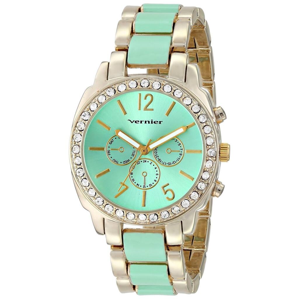Vernier Women's Stone Bezel Goldtone Green Resin Link Watch