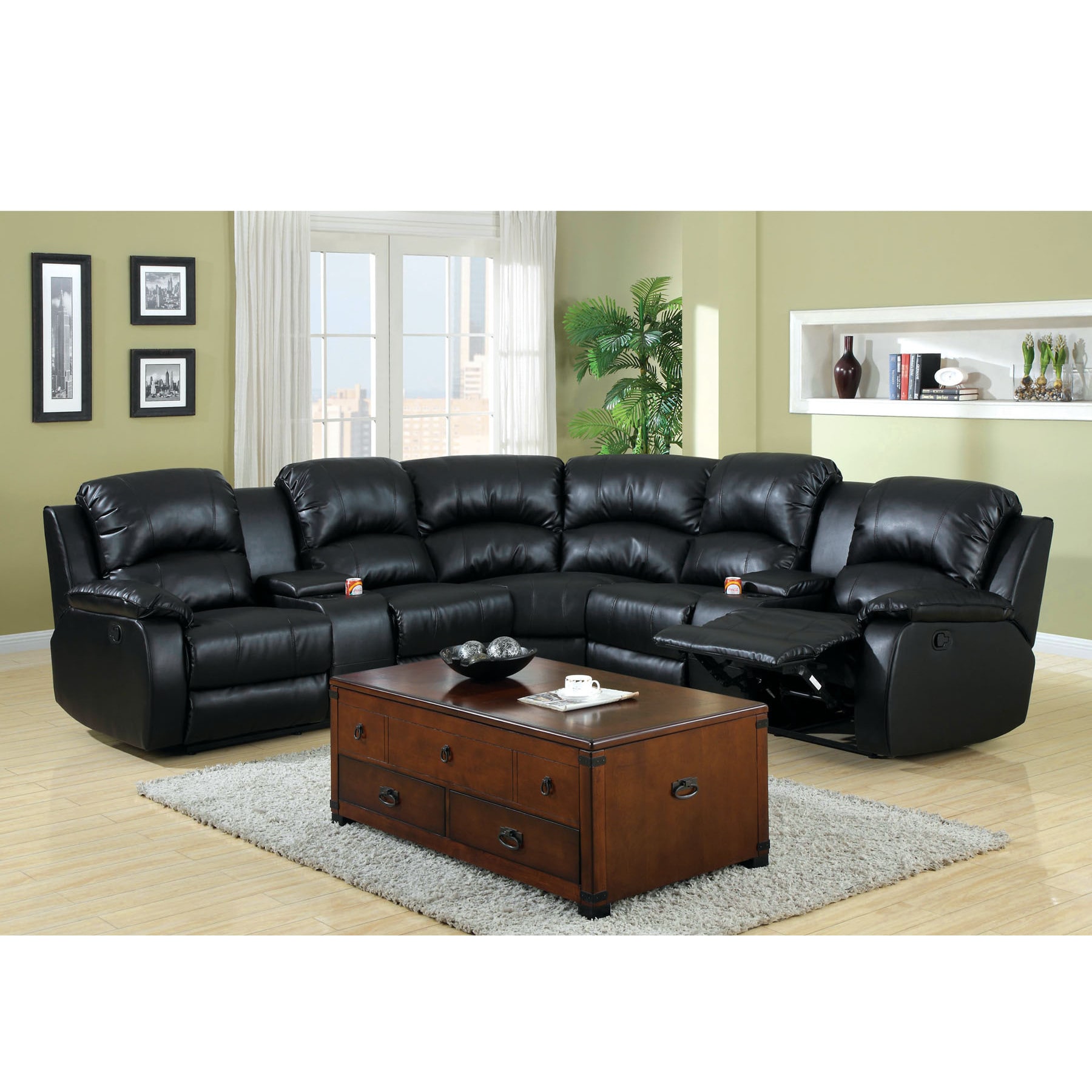 Leoben Black Bonded Leather Reclining Sectional Sofa