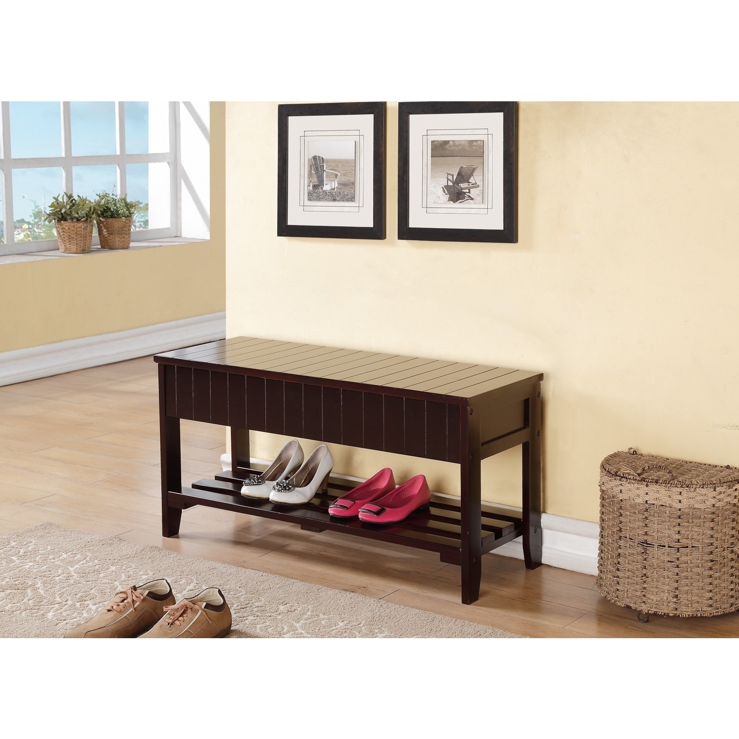 Espresso Solid Wood Storage Shoe Bench Shelf