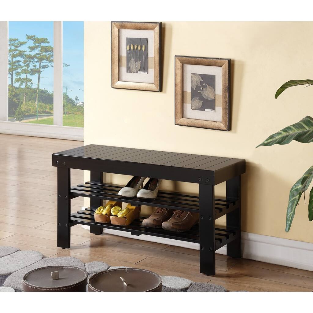 Black Solid Wood Shoe Shelf Bench