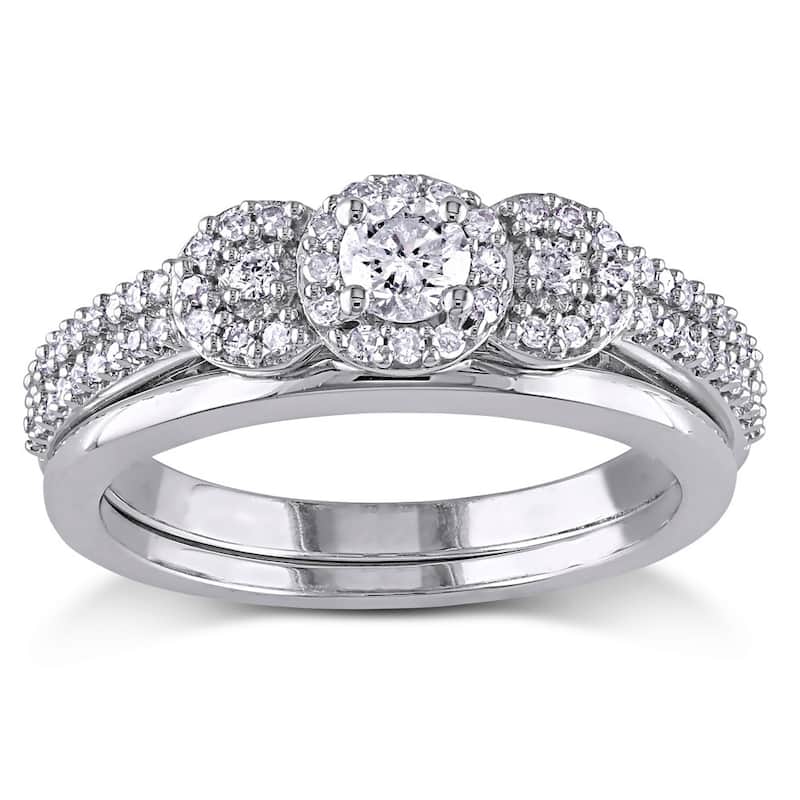 Miadora 10k White Gold 1/2ct TDW Diamond 3-stone Halo Bridal Ring Set