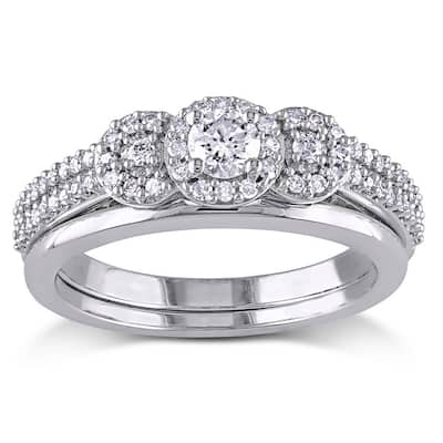 Miadora 10k White Gold 1/2ct TDW Diamond 3-stone Halo Bridal Ring Set
