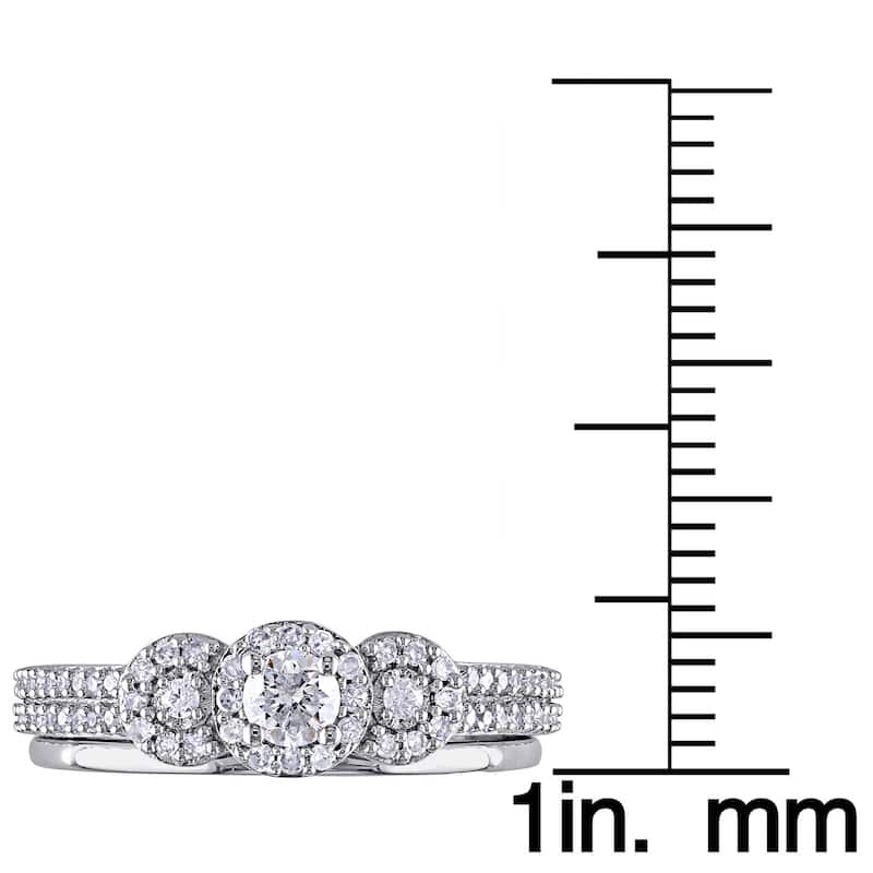 Miadora 10k White Gold 1/2ct TDW Diamond 3-stone Halo Bridal Ring Set