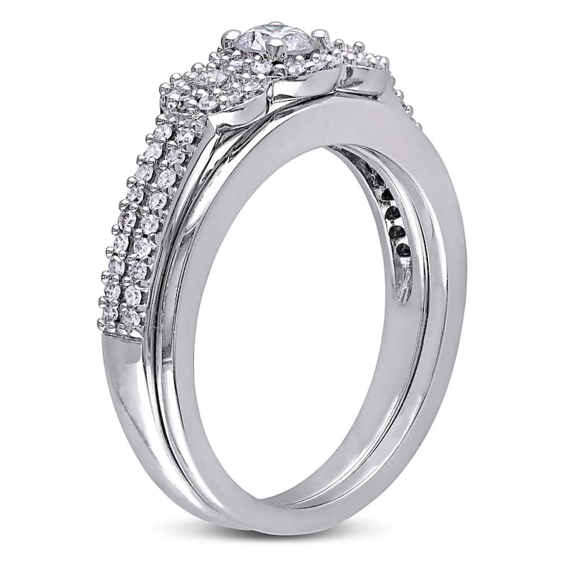Miadora 10k White Gold 1/2ct TDW Diamond 3-stone Halo Bridal Ring Set