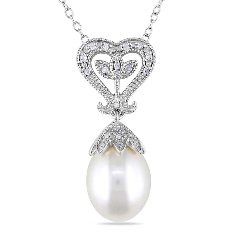Miadora Sterling Silver Pearl and Diamond Accent Drop Necklace (10-10.5 mm)