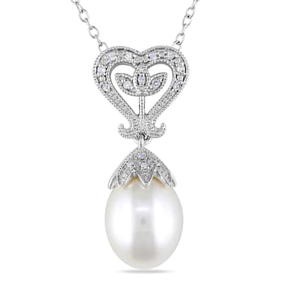Miadora Sterling Silver Pearl and Diamond Accent Drop Necklace (10-10.5 mm)