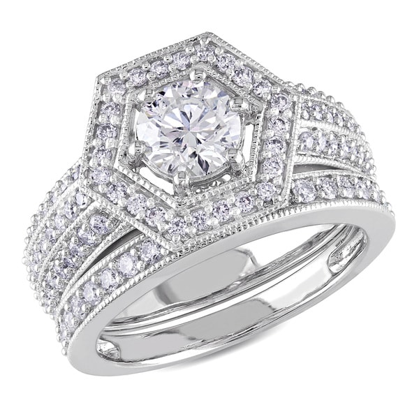 Shop Miadora 14k White Gold 1 1/2ct TDW Diamond Bridal Ring Set - On ...