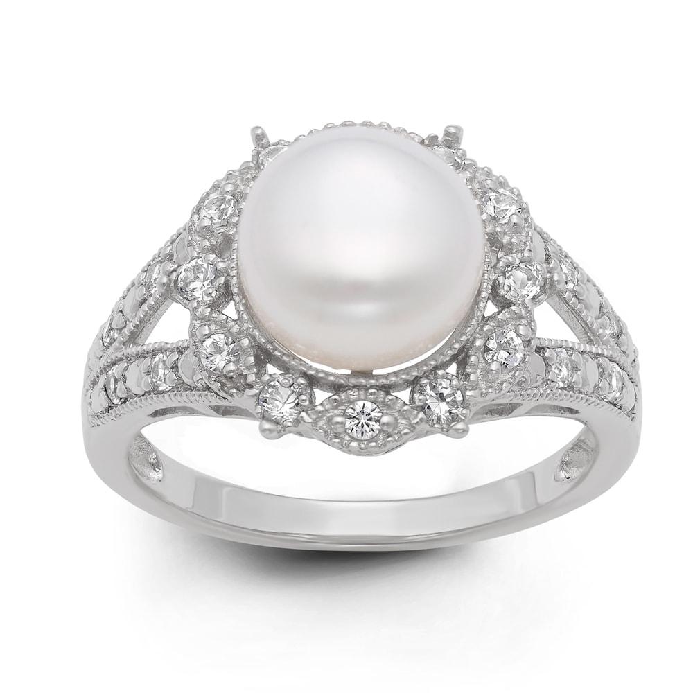 Sterling Silver Freshwater Pearl Topaz and White Sapphire Cocktail Ring 6.5-8 mm