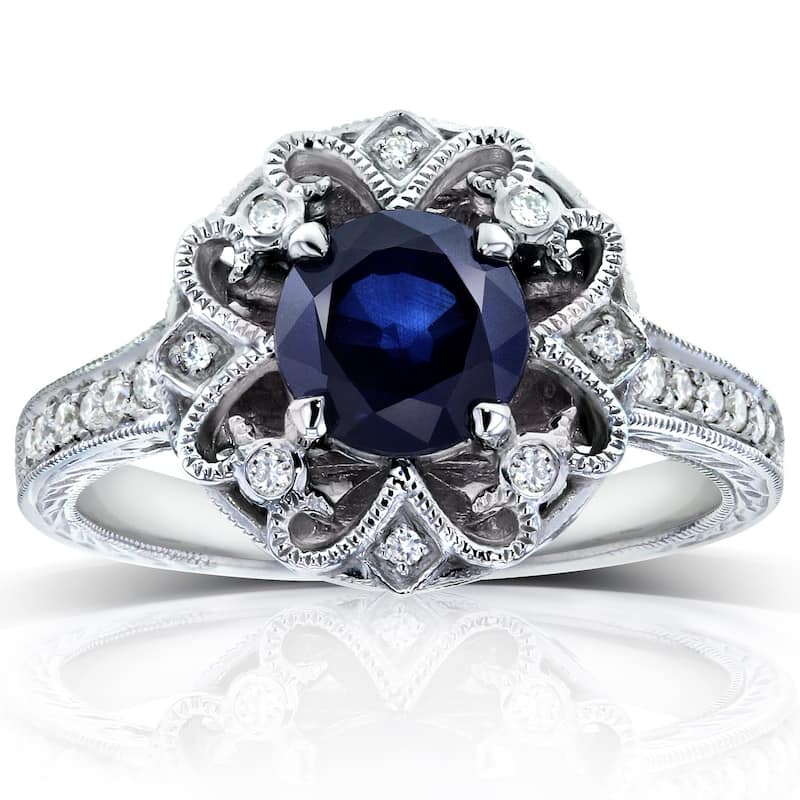 Annello by Kobelli 14k Gold 6.5mm Round Blue Sapphire and 1/5ct TDW Diamond Edwardian Antique Ring - 4 - White