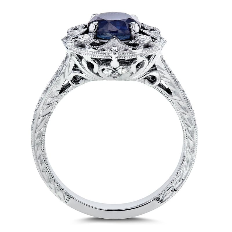 Annello by Kobelli 14k Gold 6.5mm Round Blue Sapphire and 1/5ct TDW Diamond Edwardian Antique Ring