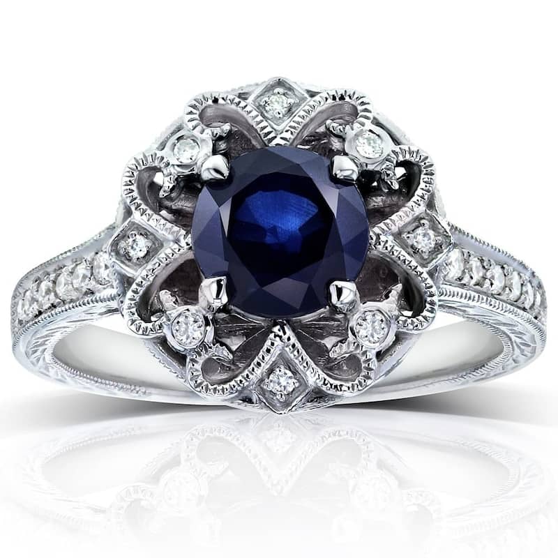 Annello by Kobelli 14k Gold 6.5mm Round Blue Sapphire and 1/5ct TDW Diamond Edwardian Antique Ring