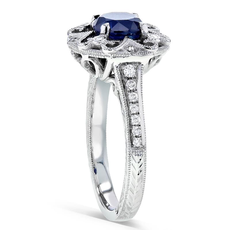 Annello by Kobelli 14k Gold 6.5mm Round Blue Sapphire and 1/5ct TDW Diamond Edwardian Antique Ring