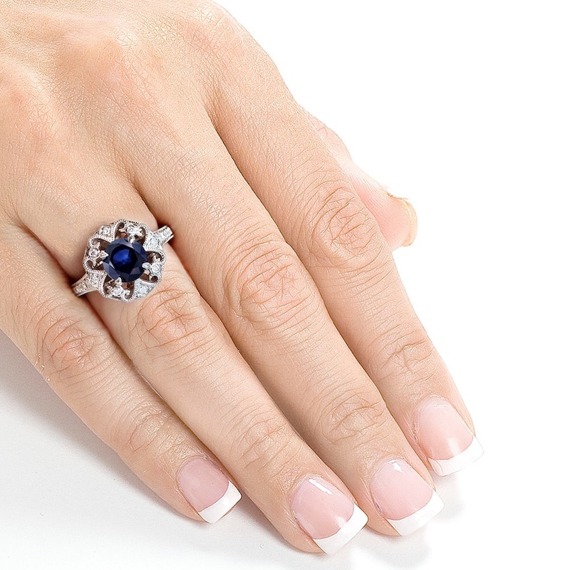 Annello by Kobelli 14k Gold 6.5mm Round Blue Sapphire and 1/5ct TDW Diamond Edwardian Antique Ring