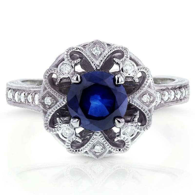 Annello by Kobelli 14k Gold 6.5mm Round Blue Sapphire and 1/5ct TDW Diamond Edwardian Antique Ring
