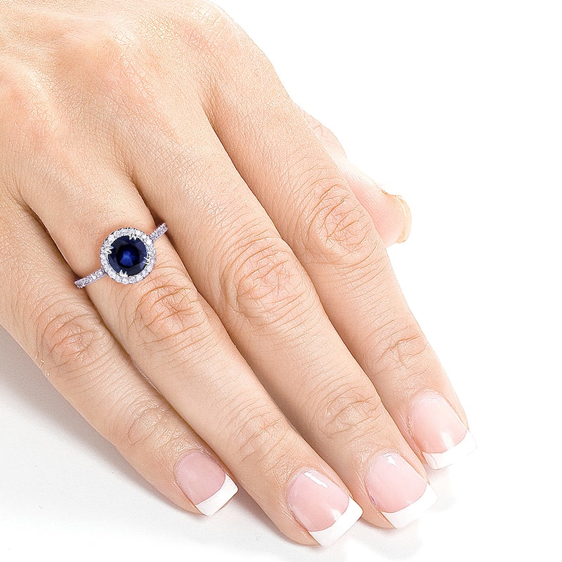 Annello by Kobelli 14k White Gold Round Blue Sapphire and 1/4ct TDW Diamond Halo Ring (G-