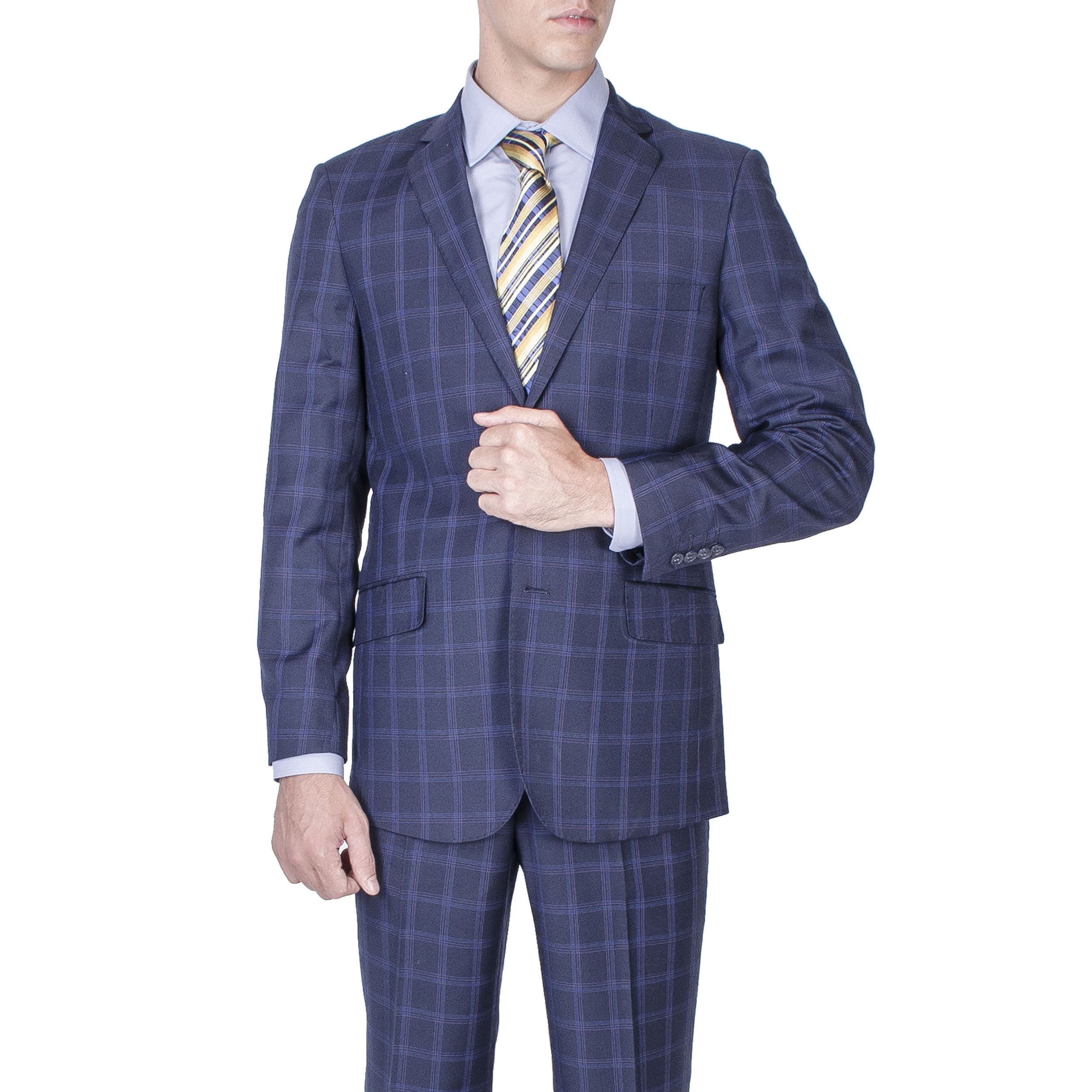 Mens Slim Fit Navy Blue Windowpane 2 button Suit