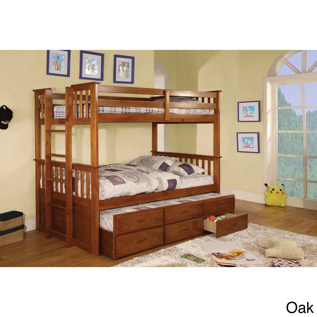 Furniture Of America Crotone Twin Over Twin Bunk Bed With Trundle Oak Size Twin