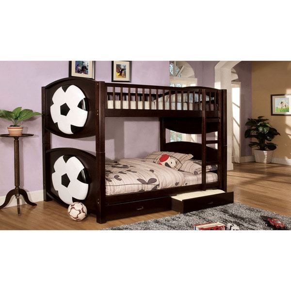 Soccer Dark Walnut Finish Marked Twin Over Twin Bunk Bed   16251715