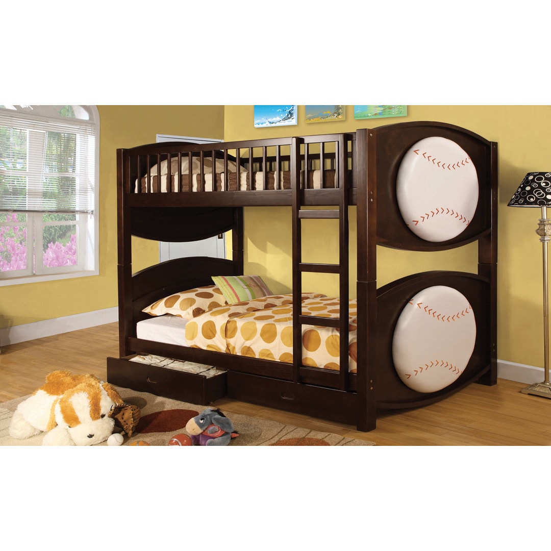 Furniture Of America Kemi Twin Over Twin Bunk Bed With Baseball Design Walnut Size Twin