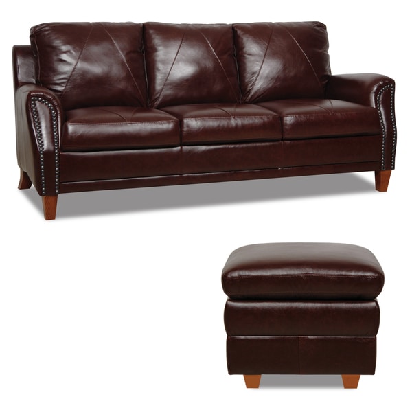Shop Dark Burgundy Leather Sofa and Ottoman Set Free Shipping Today