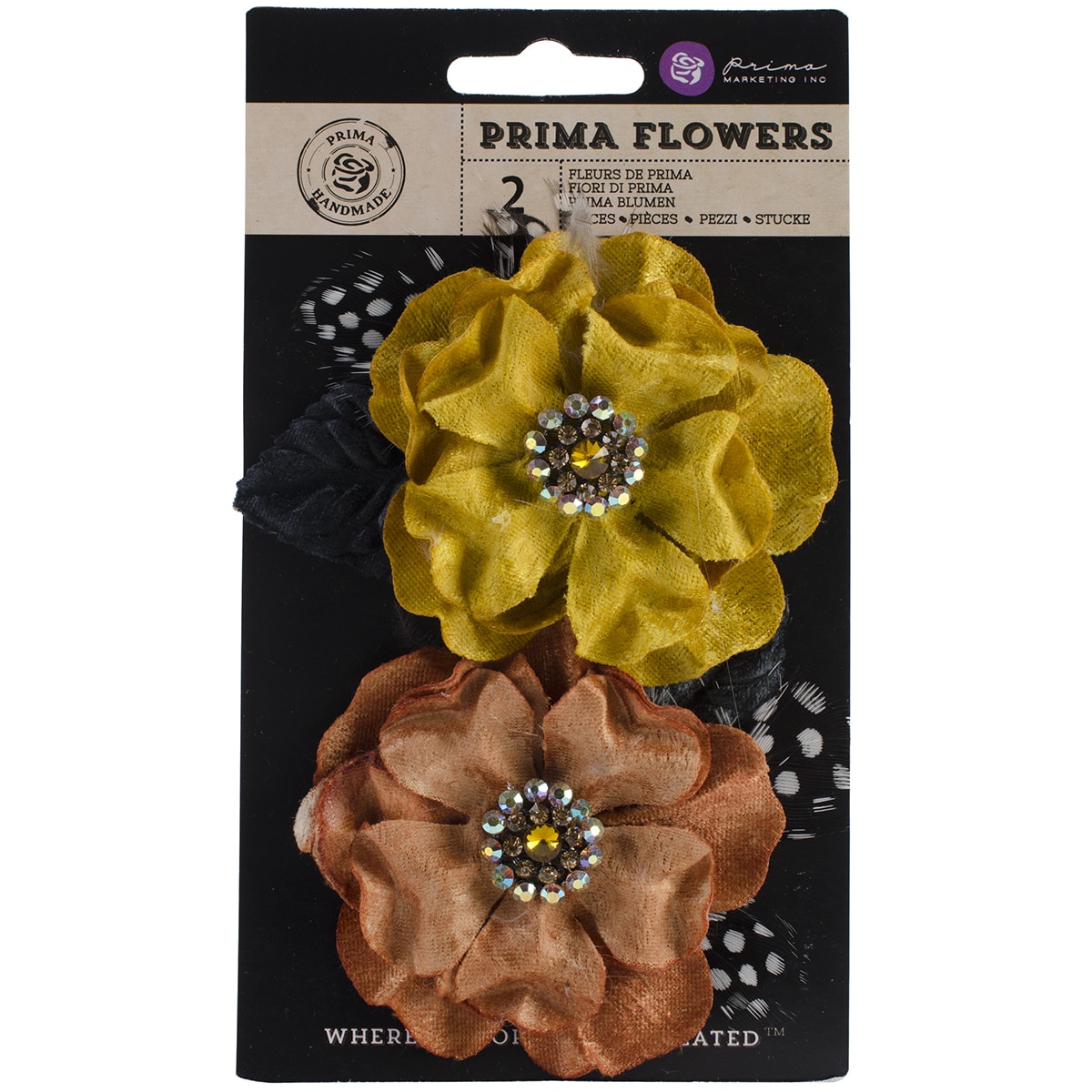 Plume Fabric Flowers W/rhinestones 3.25 2/pkg saffron