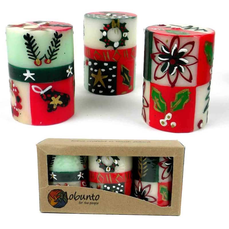 Christmas Handmade Votive Candles with Ukhisimui Design, Set of 3 (South Africa)
